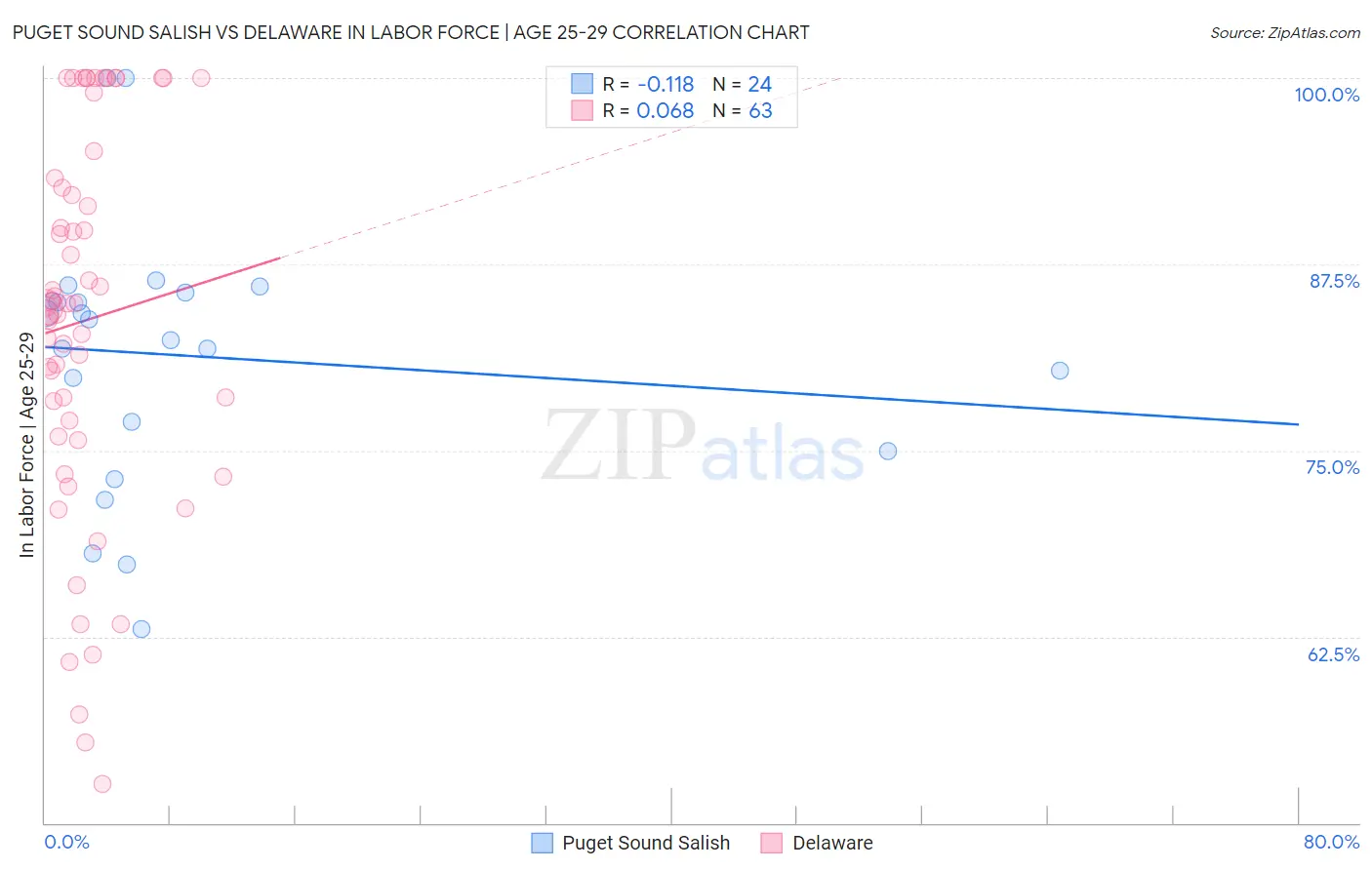 Puget Sound Salish vs Delaware In Labor Force | Age 25-29