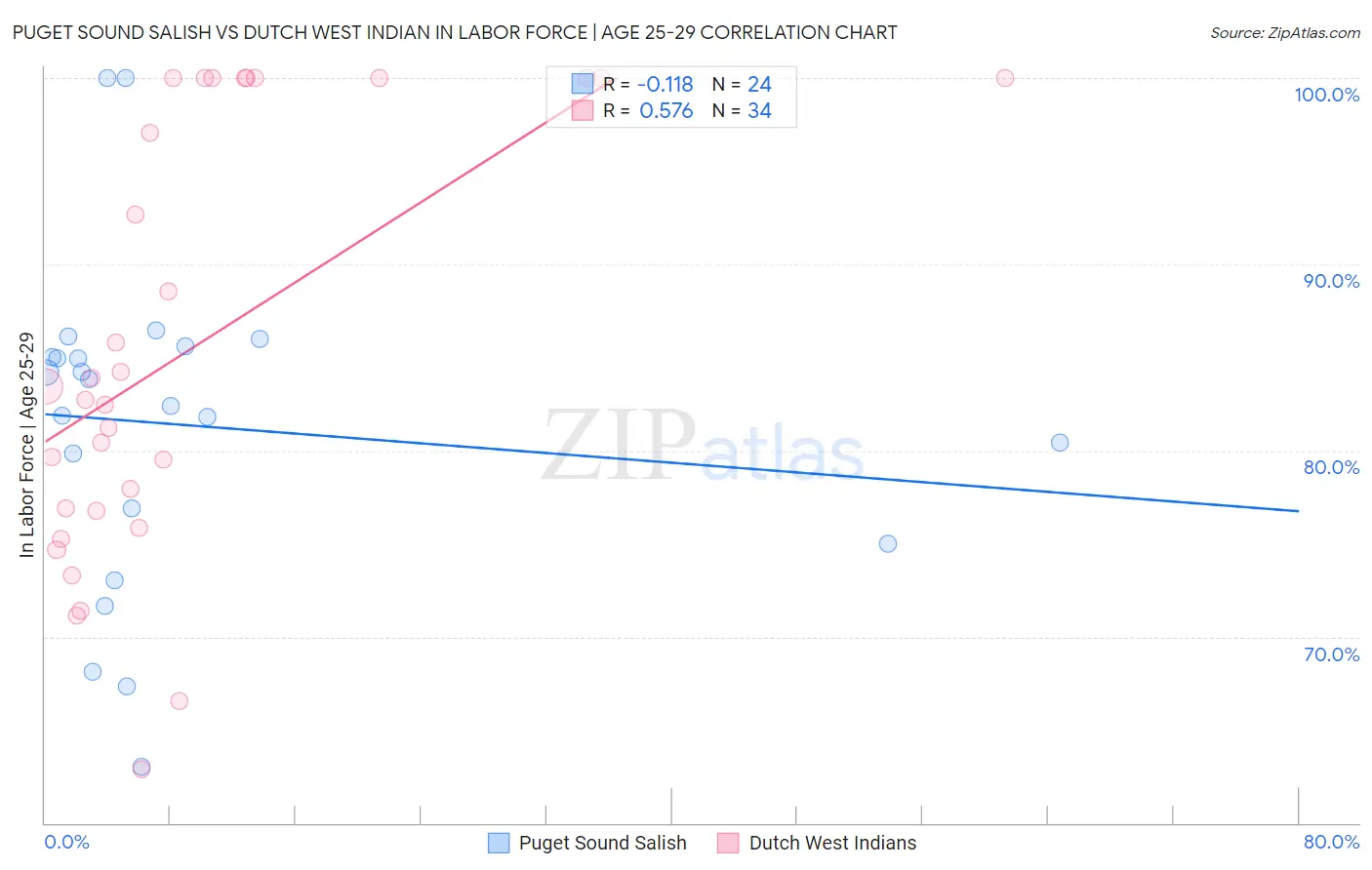 Puget Sound Salish vs Dutch West Indian In Labor Force | Age 25-29