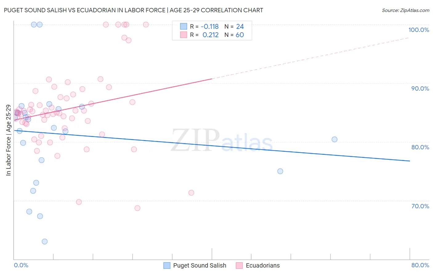Puget Sound Salish vs Ecuadorian In Labor Force | Age 25-29