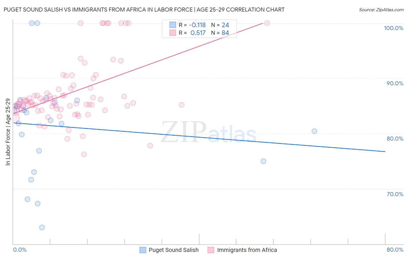Puget Sound Salish vs Immigrants from Africa In Labor Force | Age 25-29
