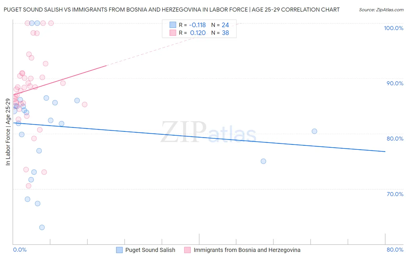 Puget Sound Salish vs Immigrants from Bosnia and Herzegovina In Labor Force | Age 25-29