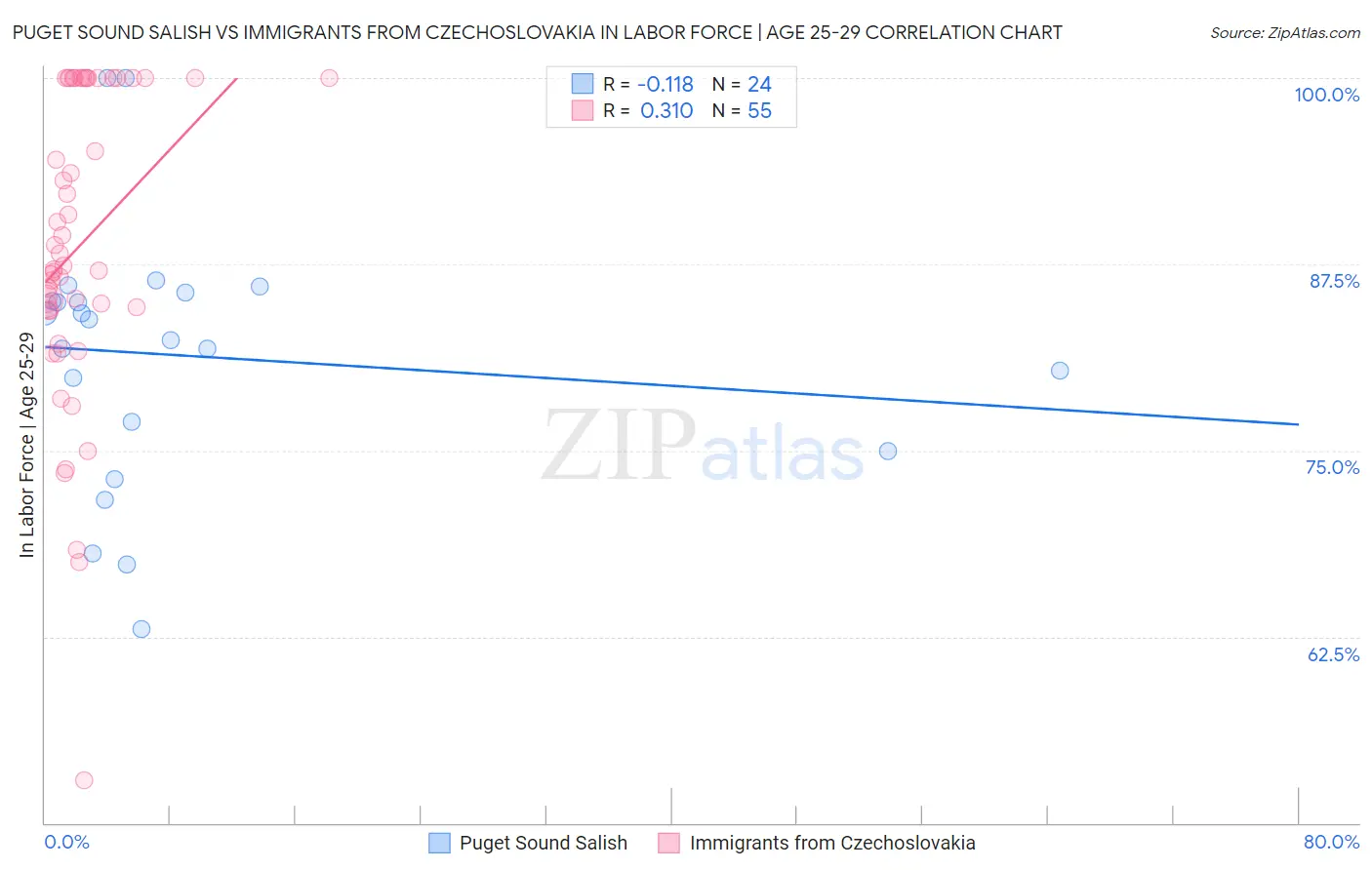 Puget Sound Salish vs Immigrants from Czechoslovakia In Labor Force | Age 25-29