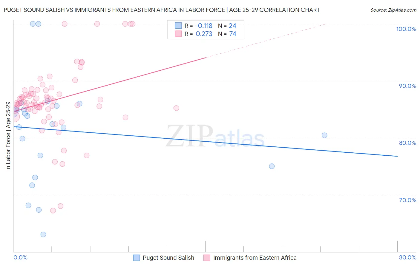 Puget Sound Salish vs Immigrants from Eastern Africa In Labor Force | Age 25-29