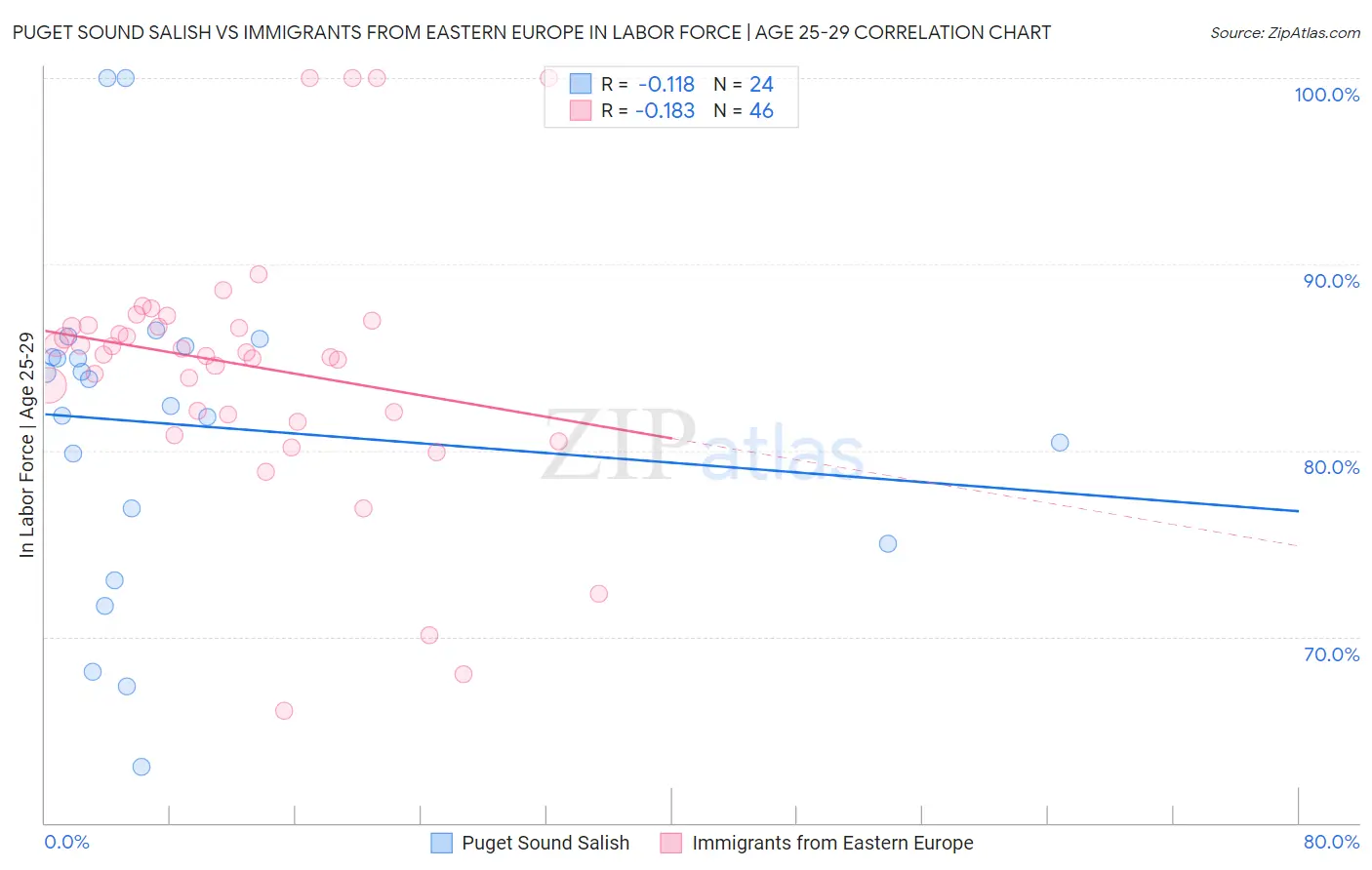 Puget Sound Salish vs Immigrants from Eastern Europe In Labor Force | Age 25-29