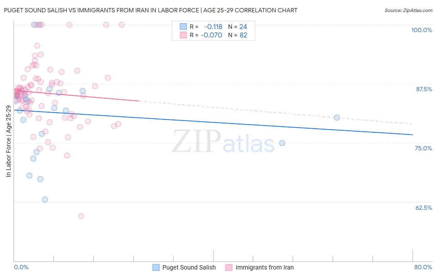 Puget Sound Salish vs Immigrants from Iran In Labor Force | Age 25-29