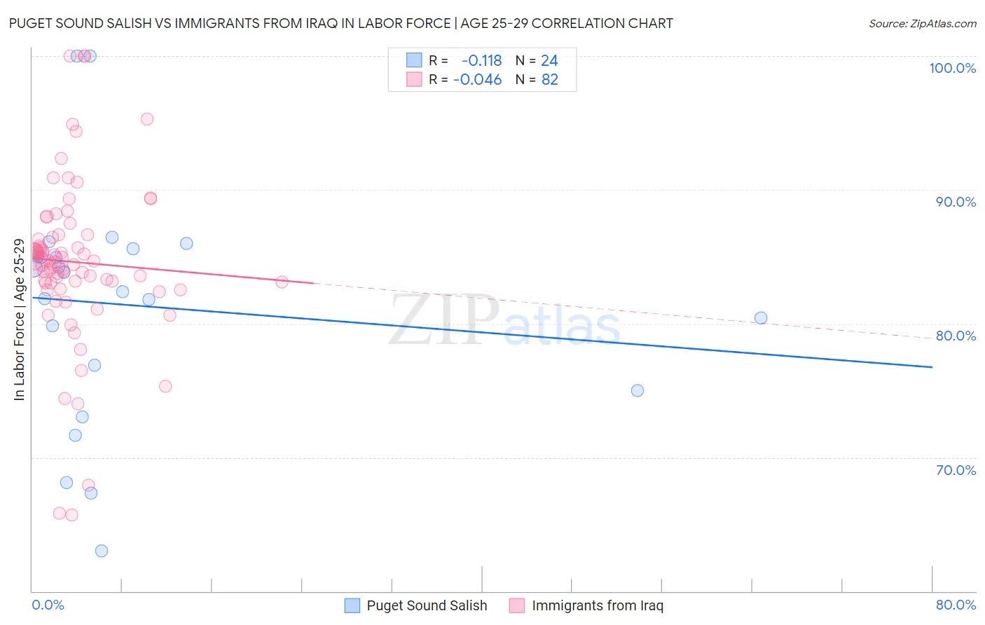 Puget Sound Salish vs Immigrants from Iraq In Labor Force | Age 25-29