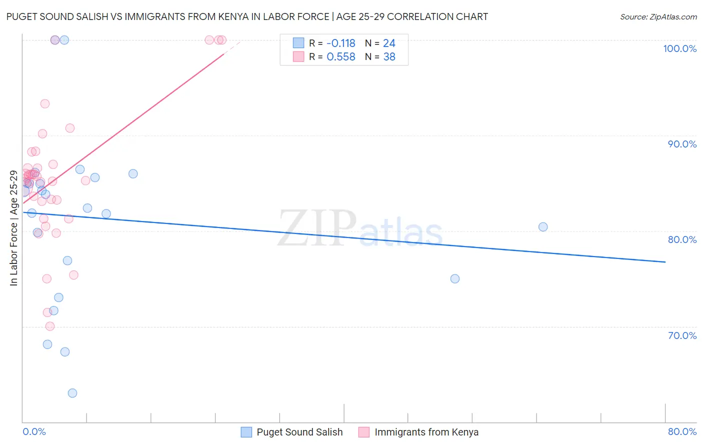 Puget Sound Salish vs Immigrants from Kenya In Labor Force | Age 25-29