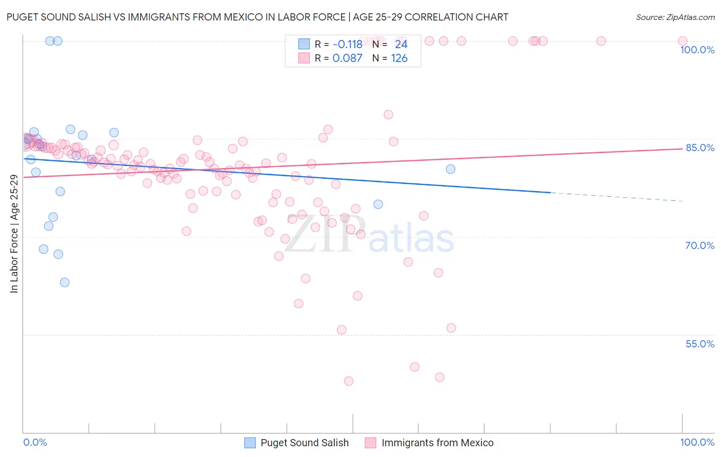 Puget Sound Salish vs Immigrants from Mexico In Labor Force | Age 25-29