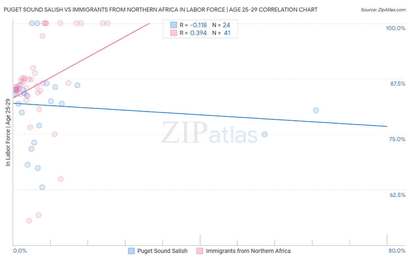 Puget Sound Salish vs Immigrants from Northern Africa In Labor Force | Age 25-29