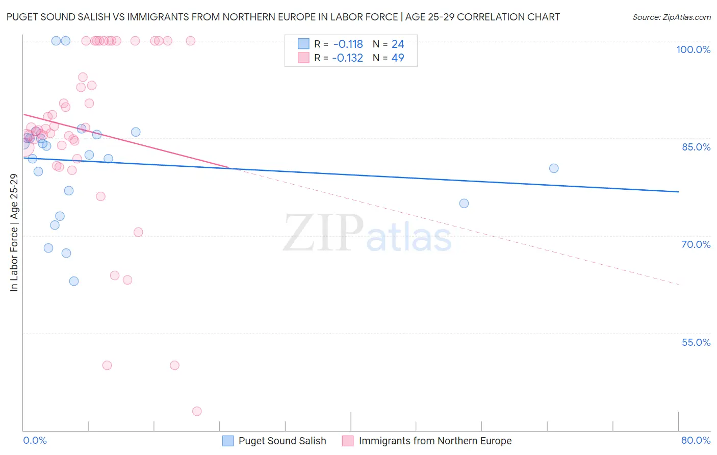 Puget Sound Salish vs Immigrants from Northern Europe In Labor Force | Age 25-29