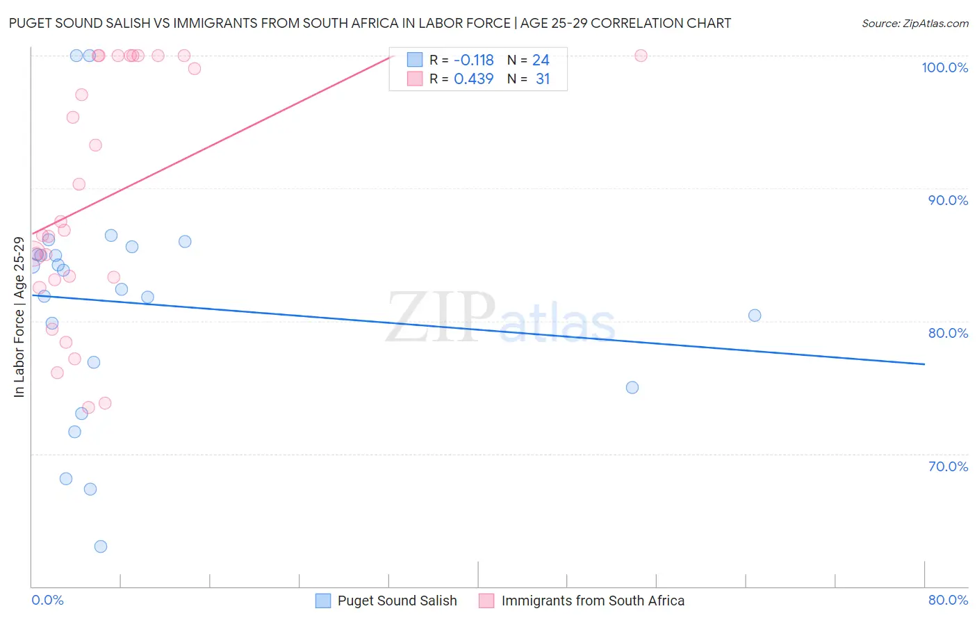 Puget Sound Salish vs Immigrants from South Africa In Labor Force | Age 25-29