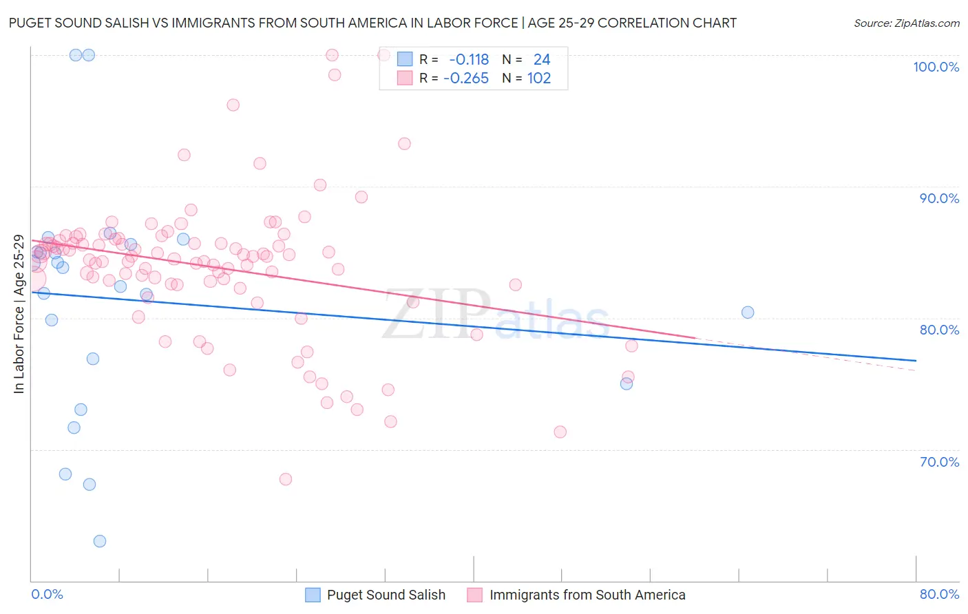 Puget Sound Salish vs Immigrants from South America In Labor Force | Age 25-29