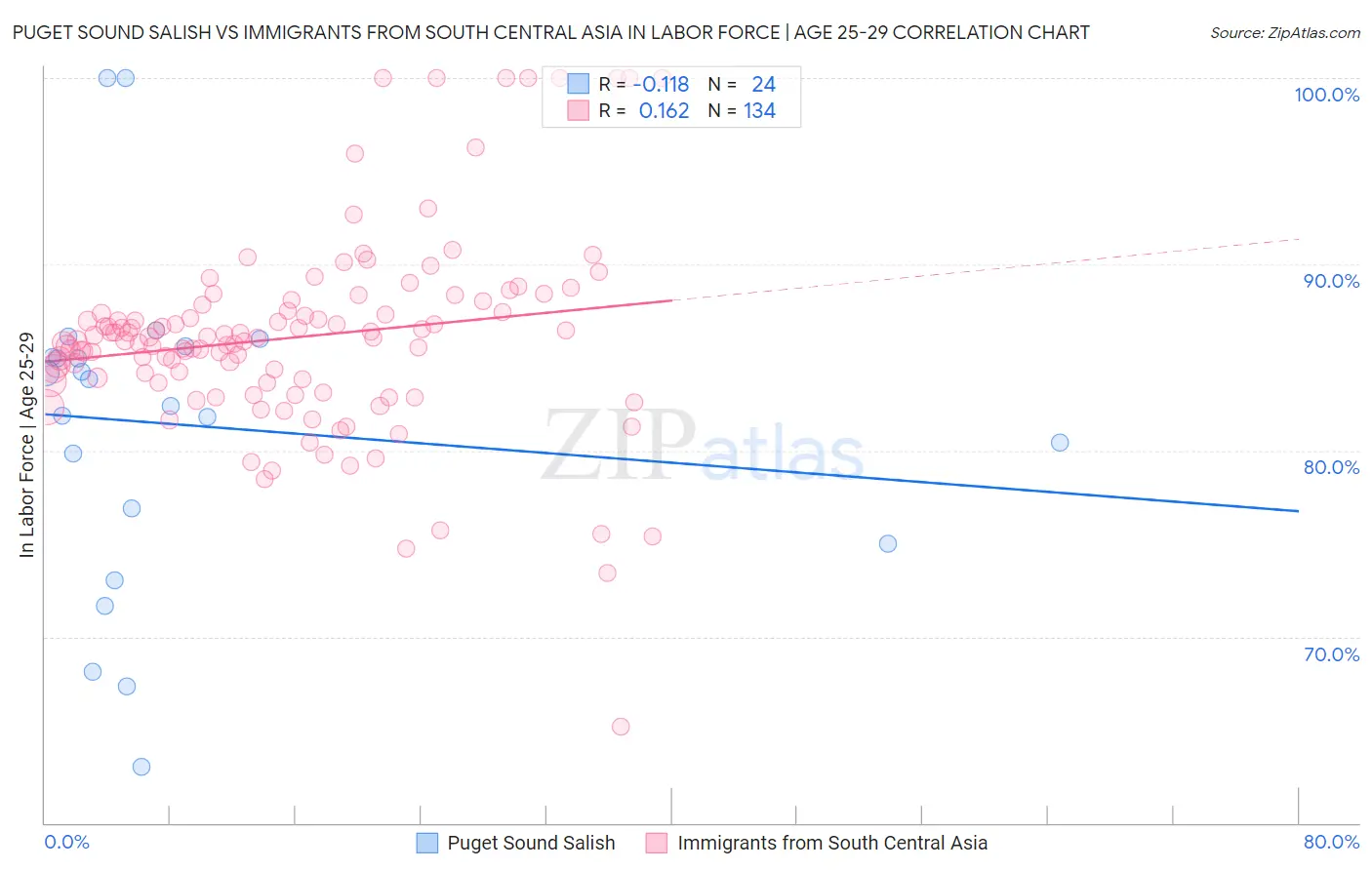 Puget Sound Salish vs Immigrants from South Central Asia In Labor Force | Age 25-29