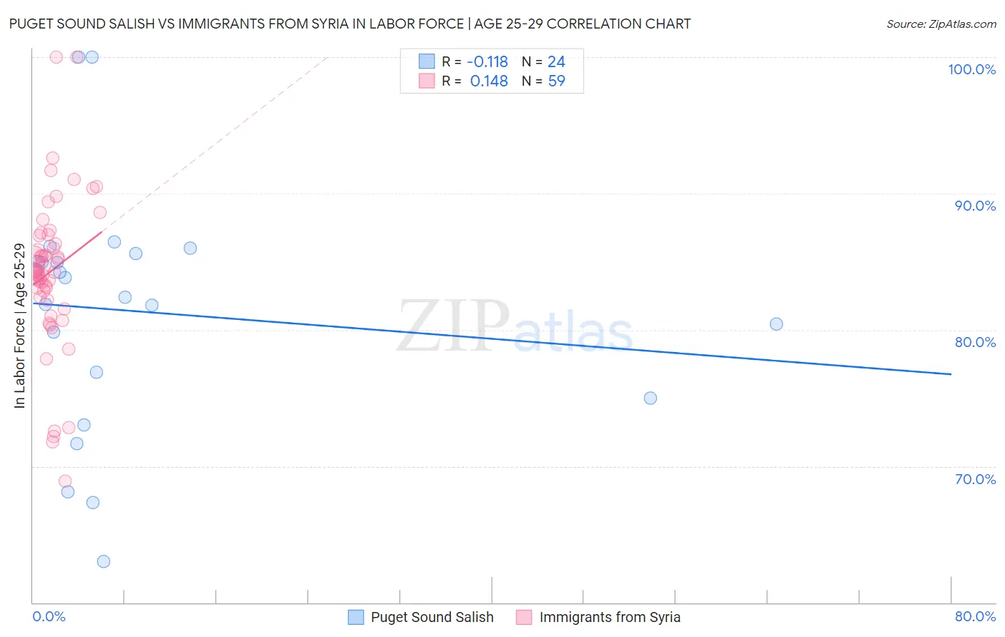 Puget Sound Salish vs Immigrants from Syria In Labor Force | Age 25-29