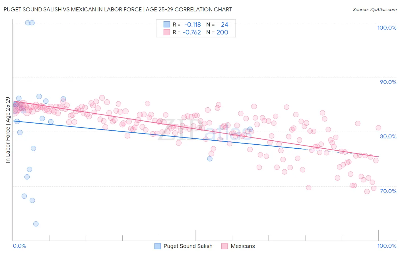 Puget Sound Salish vs Mexican In Labor Force | Age 25-29