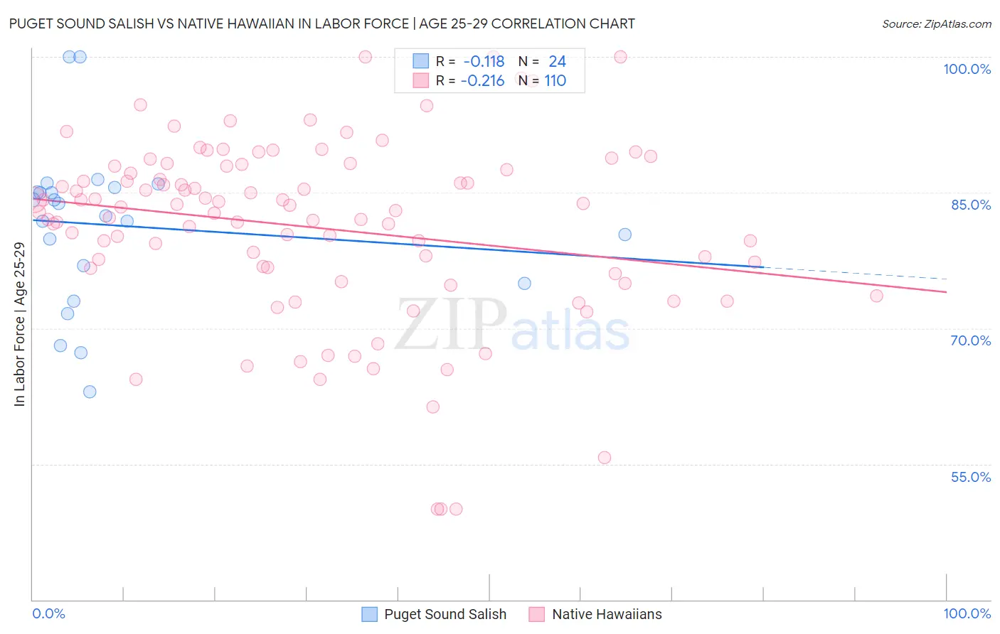 Puget Sound Salish vs Native Hawaiian In Labor Force | Age 25-29