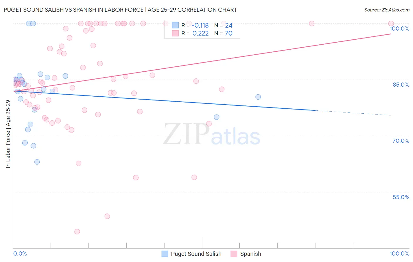 Puget Sound Salish vs Spanish In Labor Force | Age 25-29
