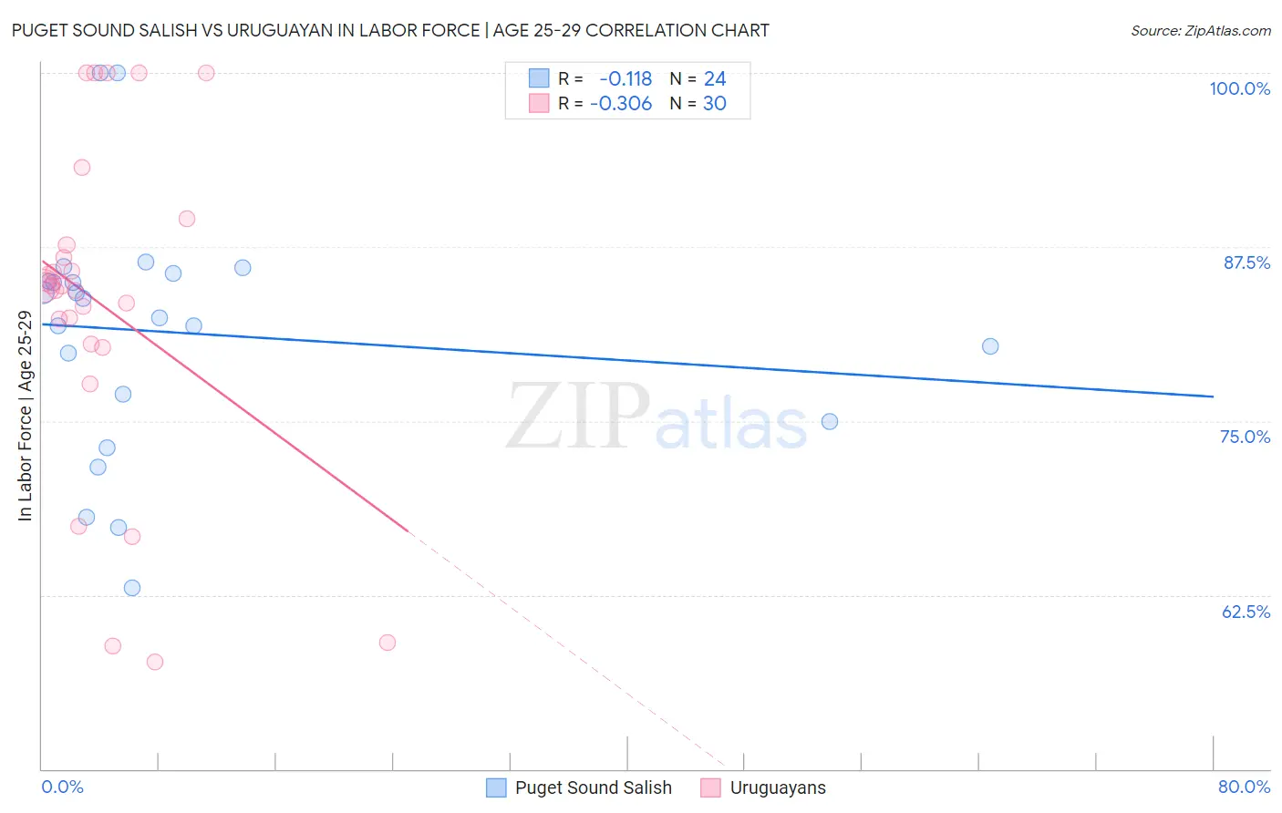 Puget Sound Salish vs Uruguayan In Labor Force | Age 25-29