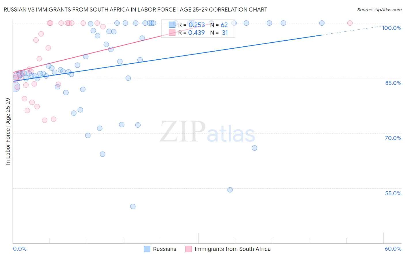 Russian vs Immigrants from South Africa In Labor Force | Age 25-29