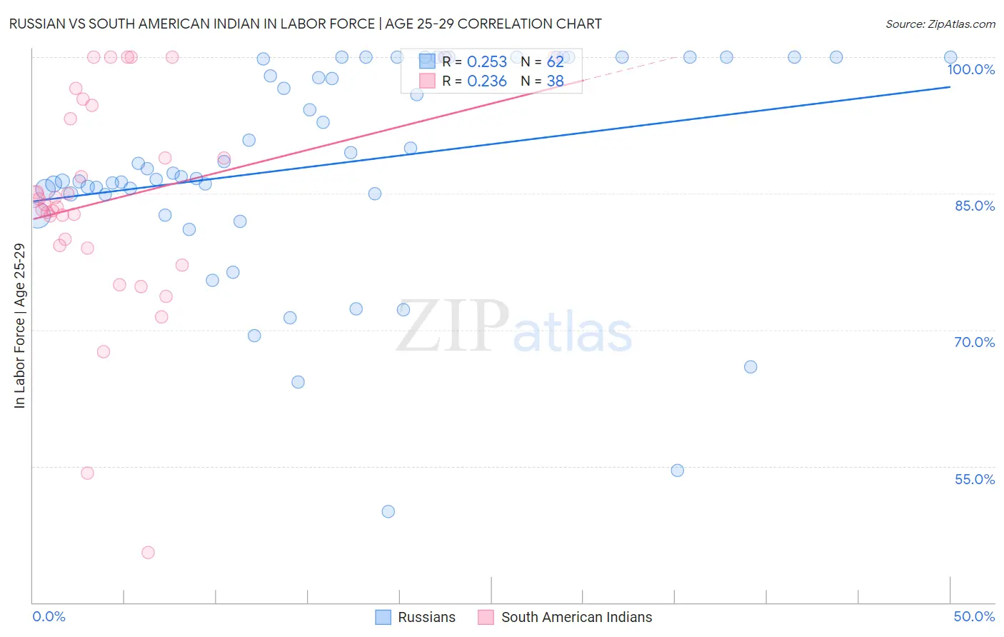 Russian vs South American Indian In Labor Force | Age 25-29