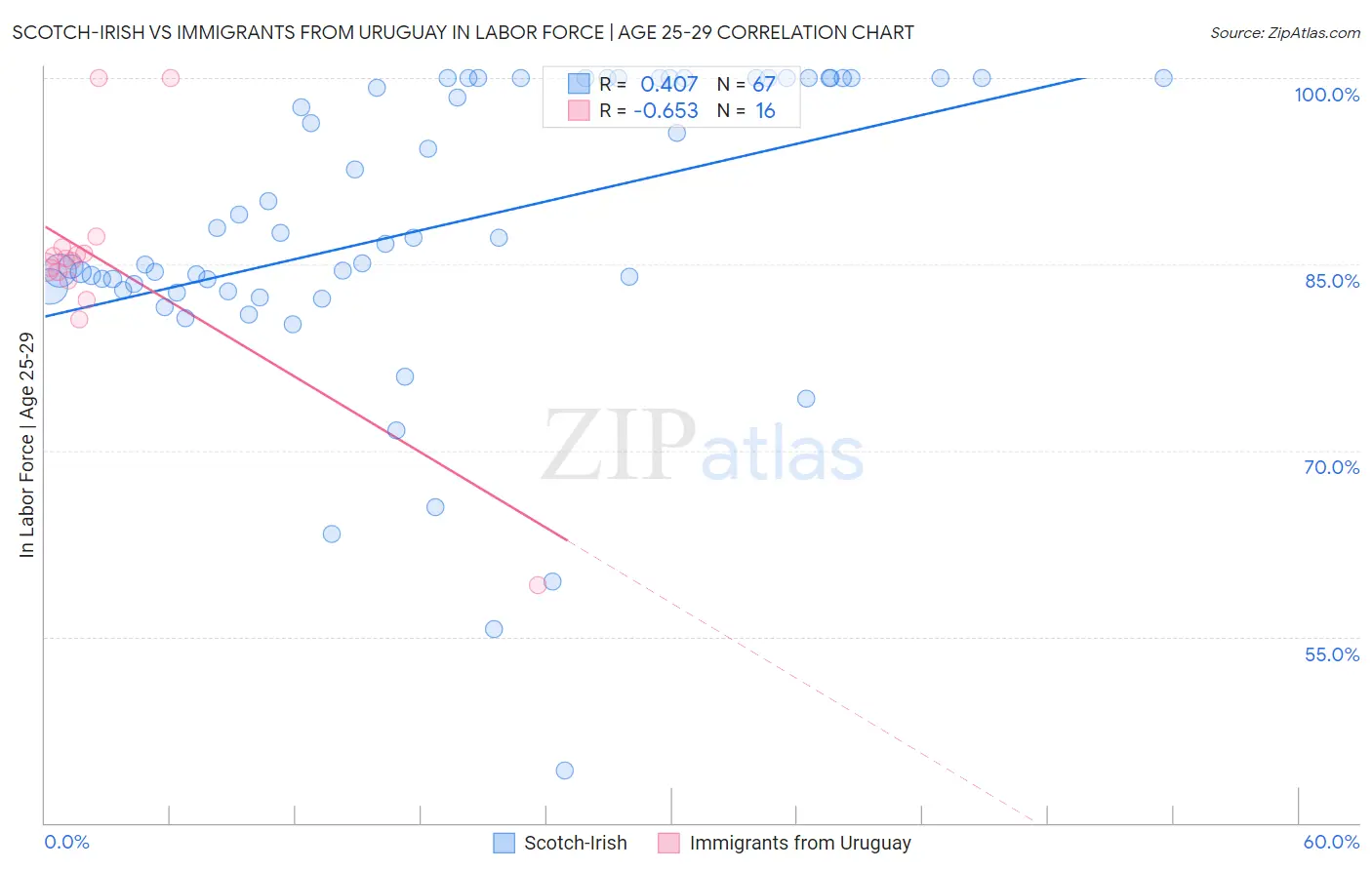 Scotch-Irish vs Immigrants from Uruguay In Labor Force | Age 25-29