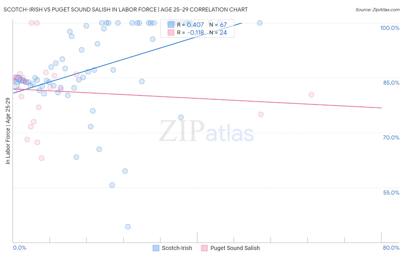Scotch-Irish vs Puget Sound Salish In Labor Force | Age 25-29