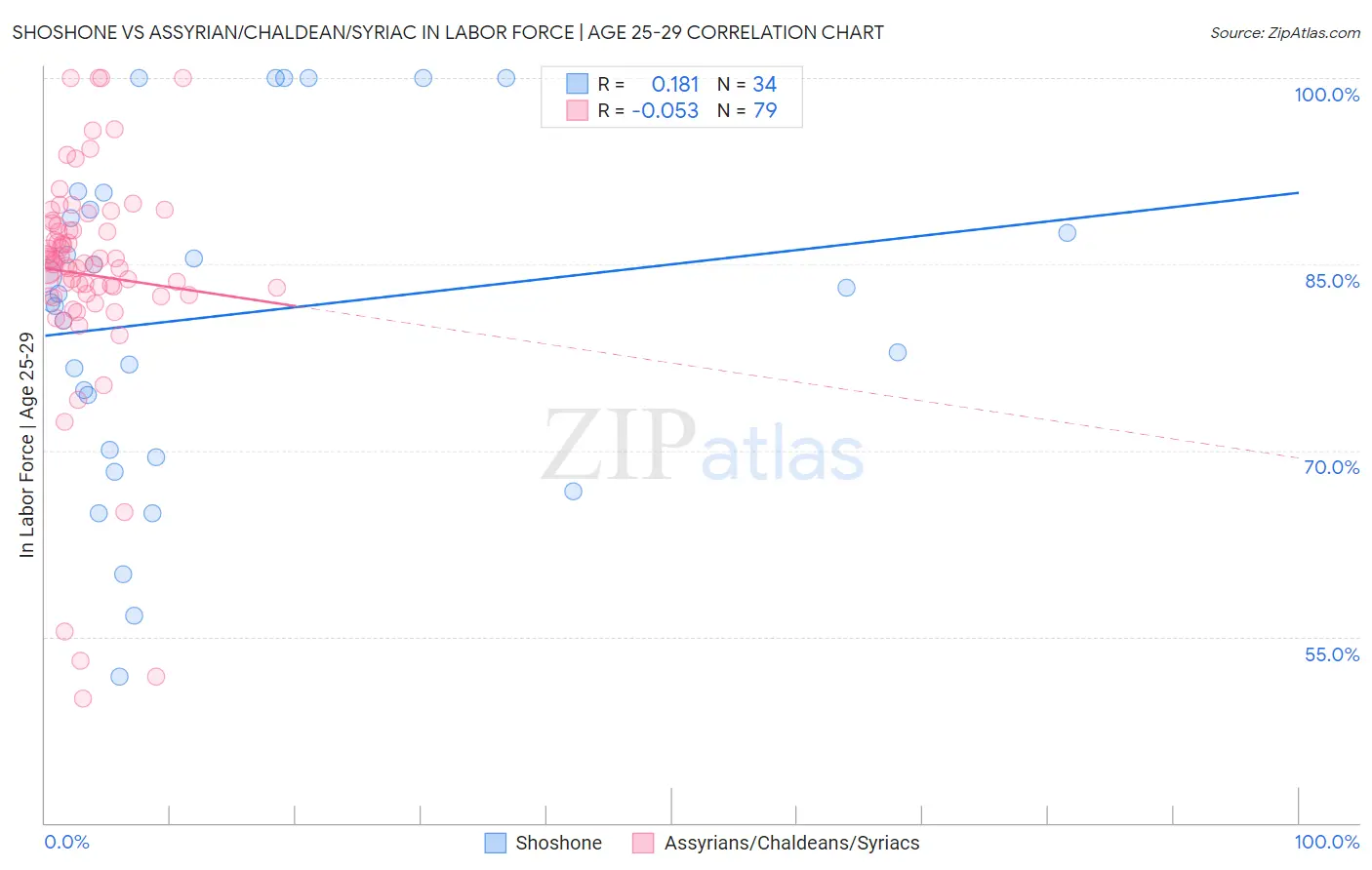 Shoshone vs Assyrian/Chaldean/Syriac In Labor Force | Age 25-29