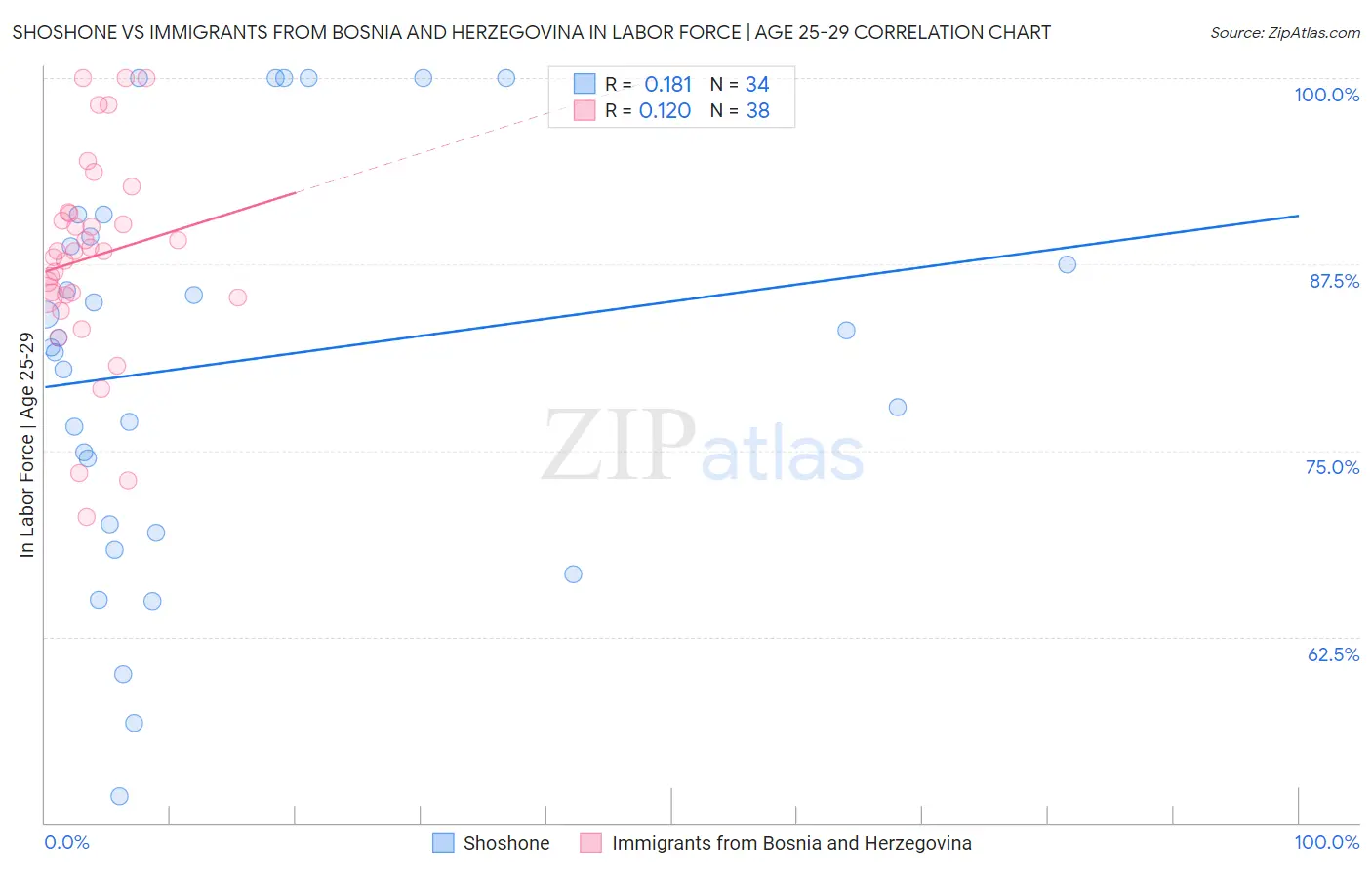 Shoshone vs Immigrants from Bosnia and Herzegovina In Labor Force | Age 25-29