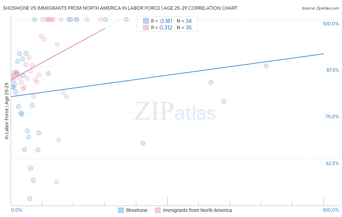 Shoshone vs Immigrants from North America In Labor Force | Age 25-29