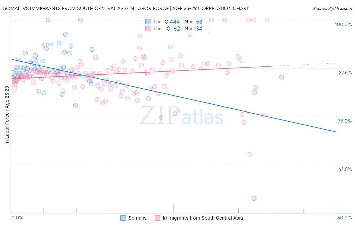 Somali vs Immigrants from South Central Asia In Labor Force | Age 25-29