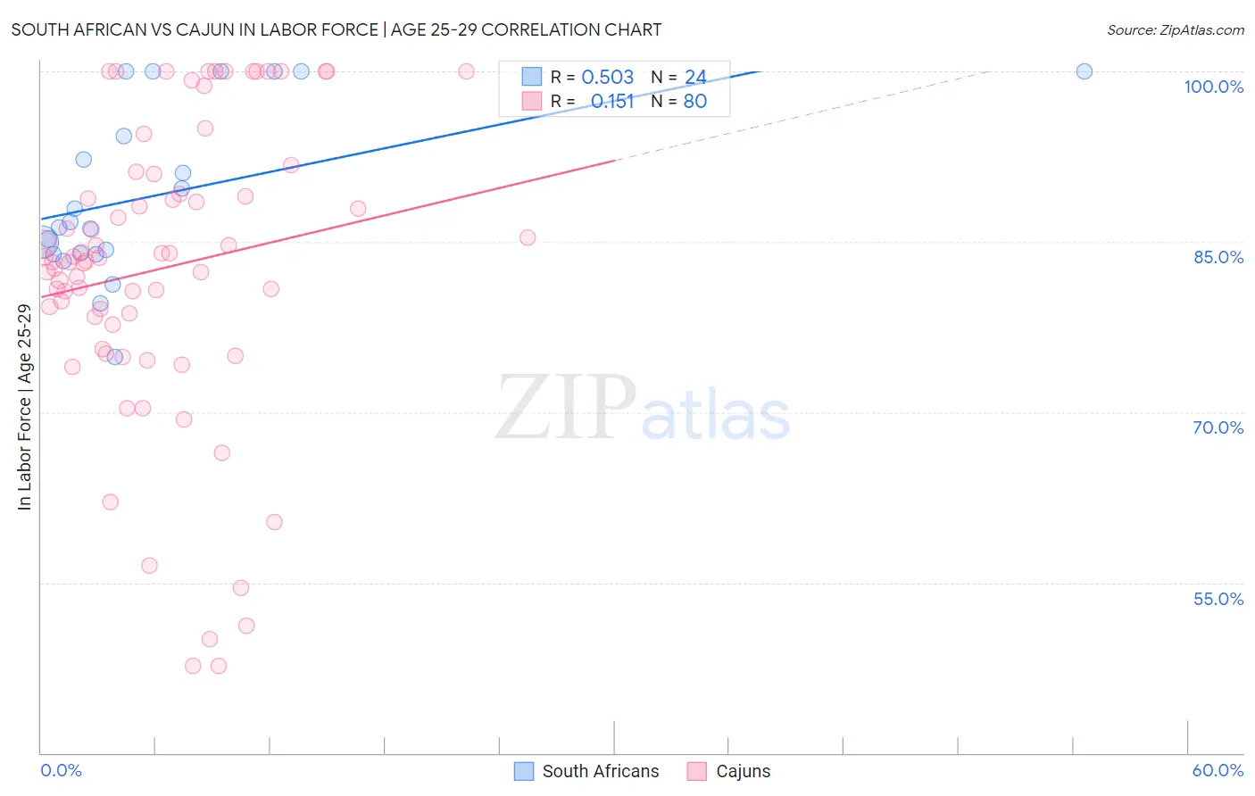 South African vs Cajun In Labor Force | Age 25-29