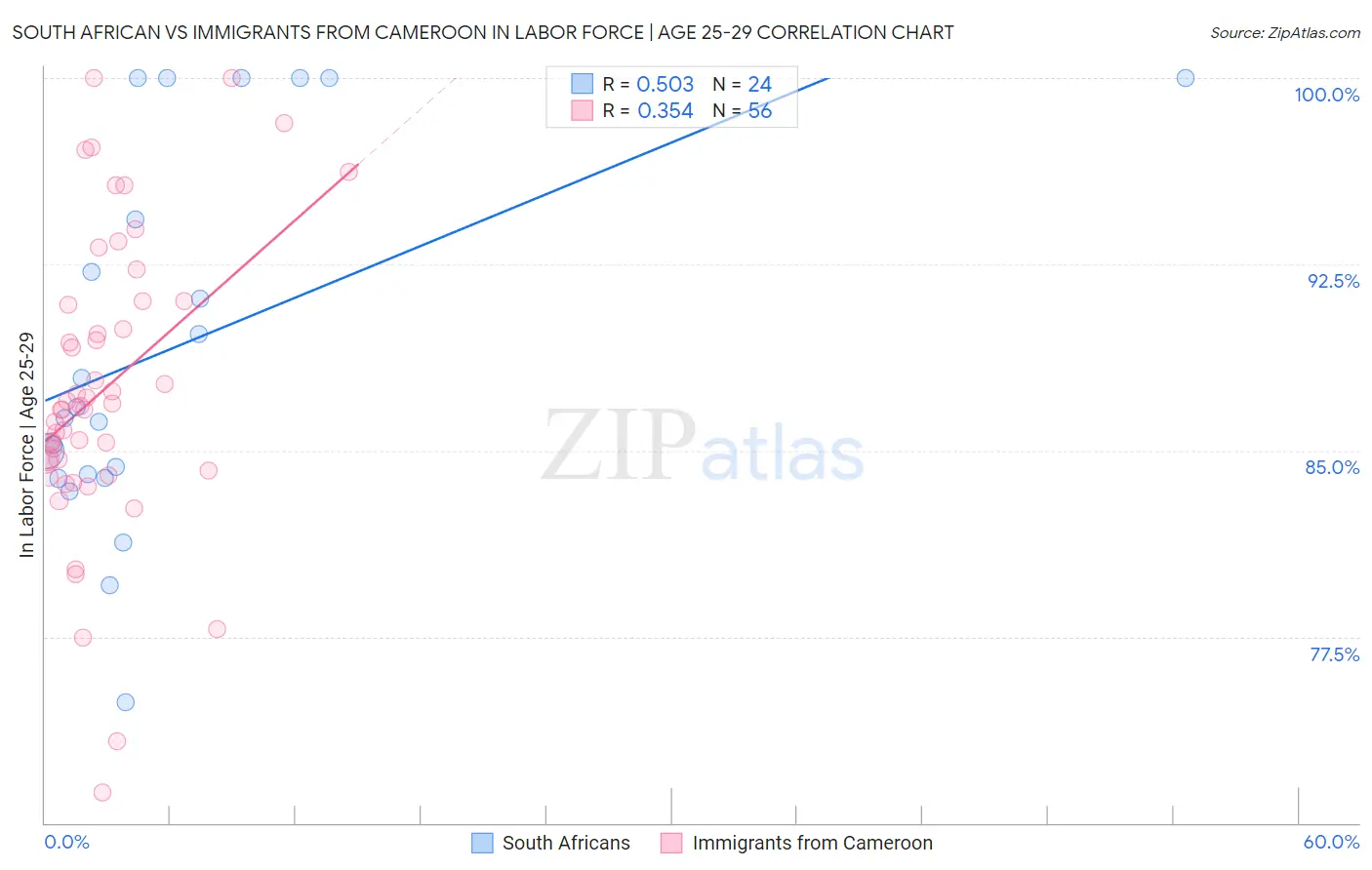 South African vs Immigrants from Cameroon In Labor Force | Age 25-29