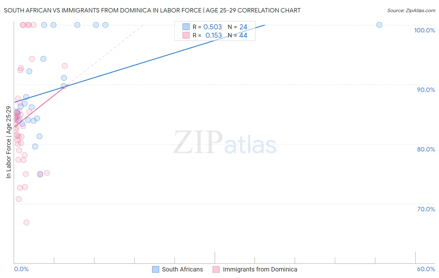 South African vs Immigrants from Dominica In Labor Force | Age 25-29