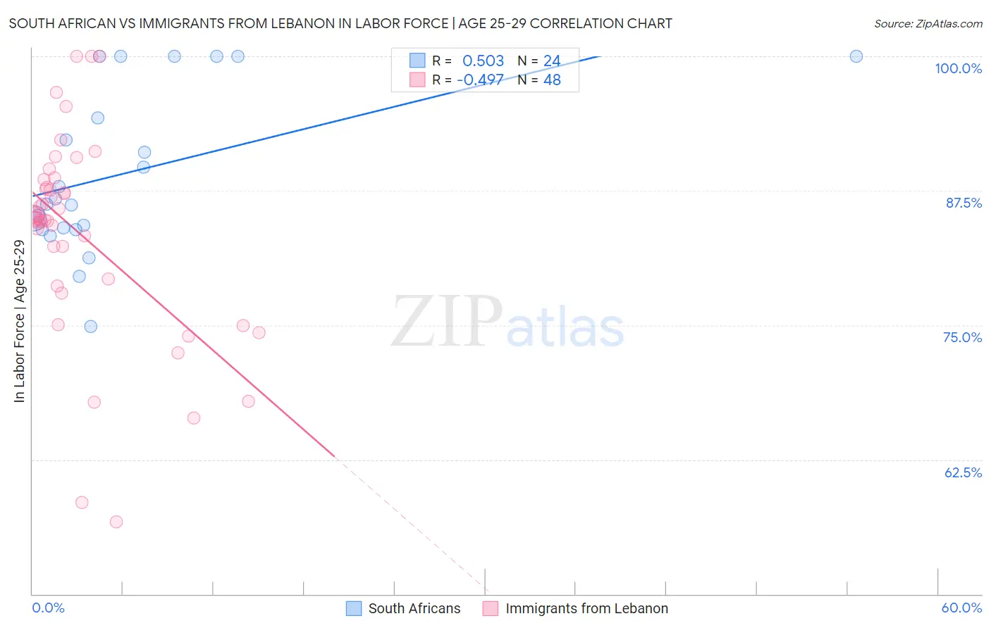 South African vs Immigrants from Lebanon In Labor Force | Age 25-29