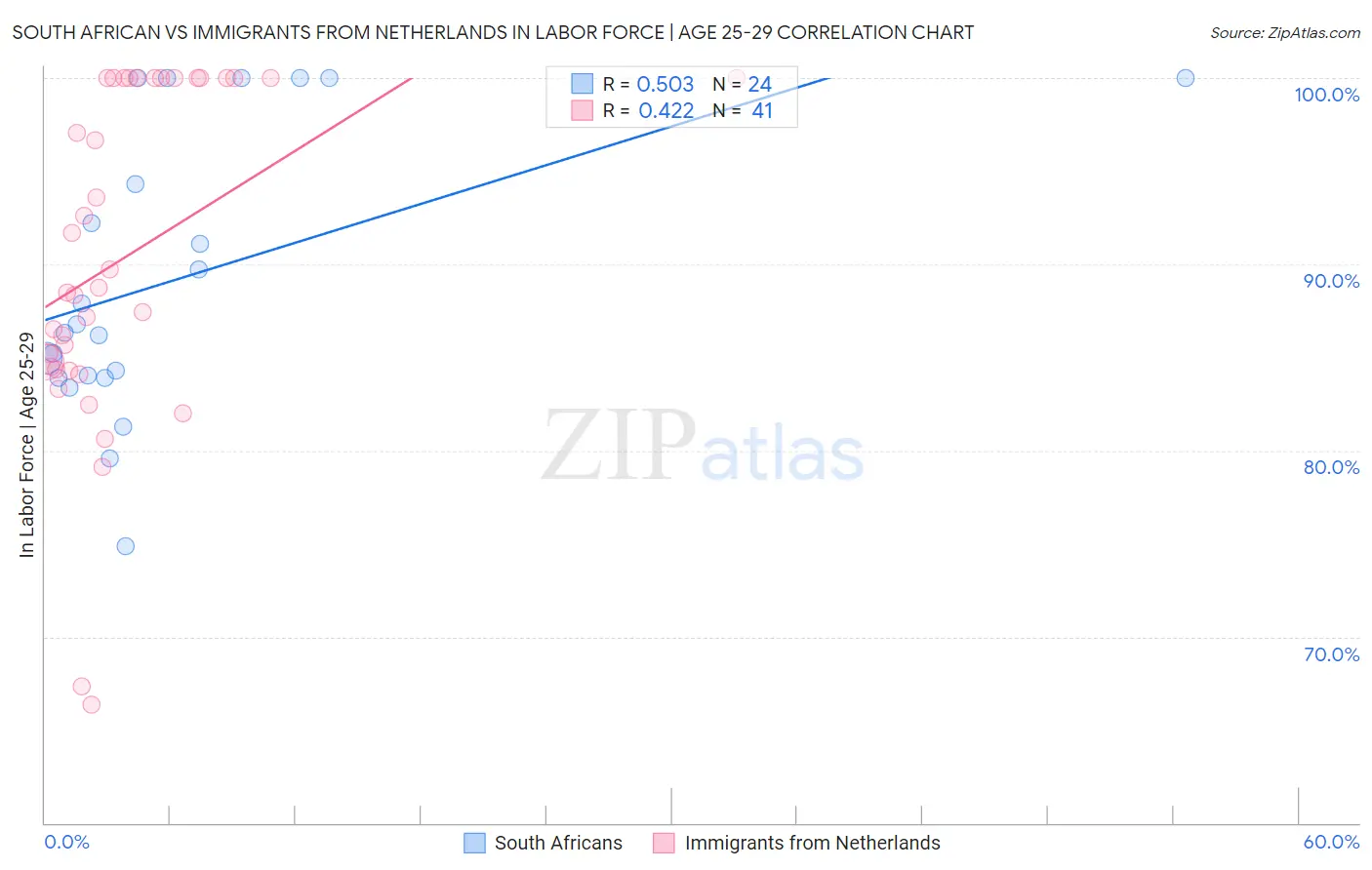 South African vs Immigrants from Netherlands In Labor Force | Age 25-29