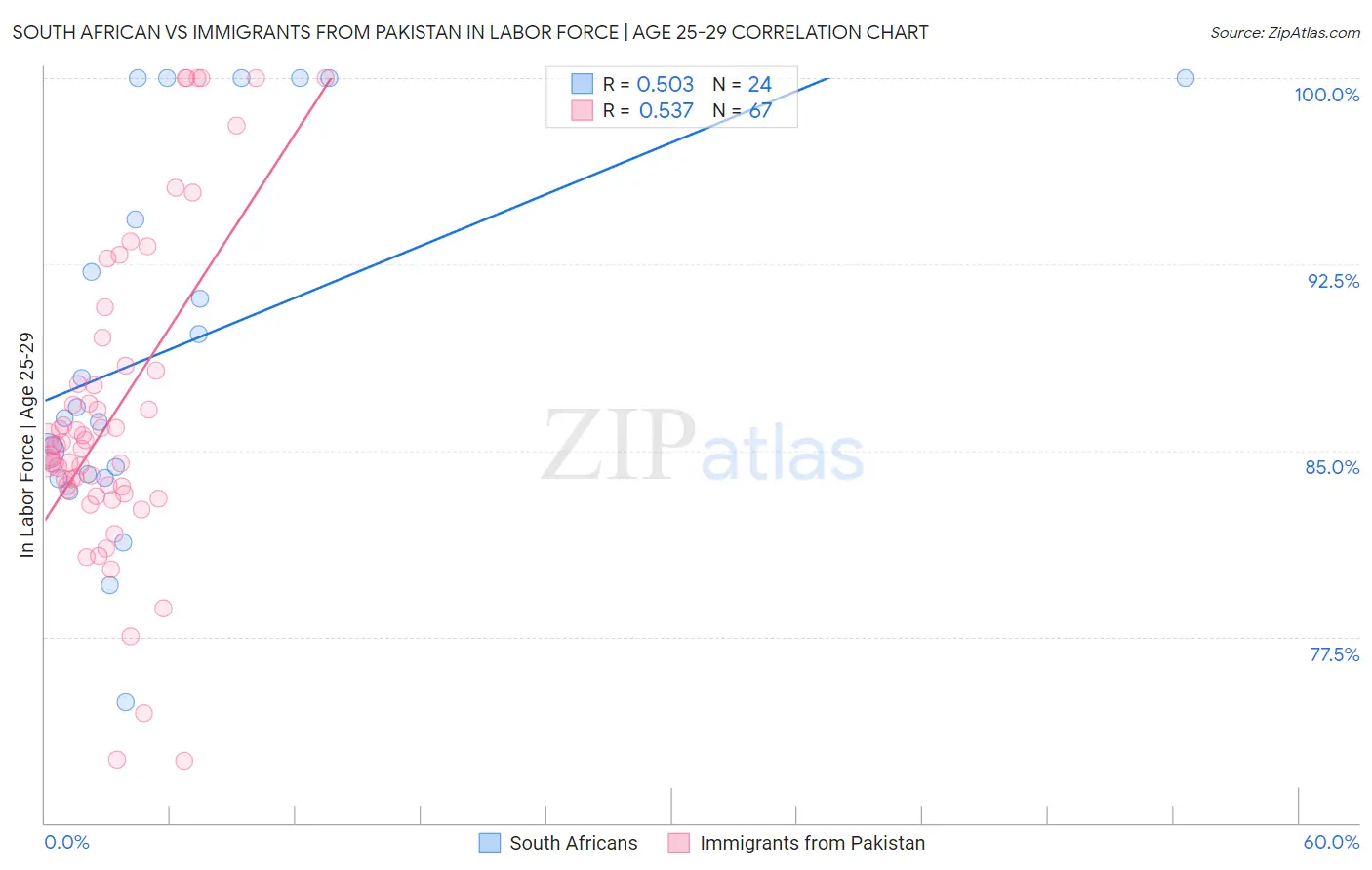 South African vs Immigrants from Pakistan In Labor Force | Age 25-29
