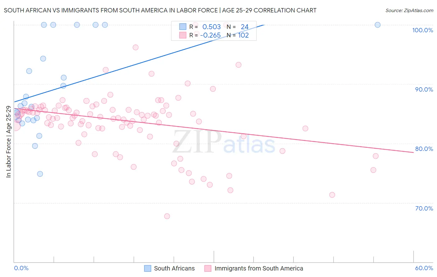 South African vs Immigrants from South America In Labor Force | Age 25-29