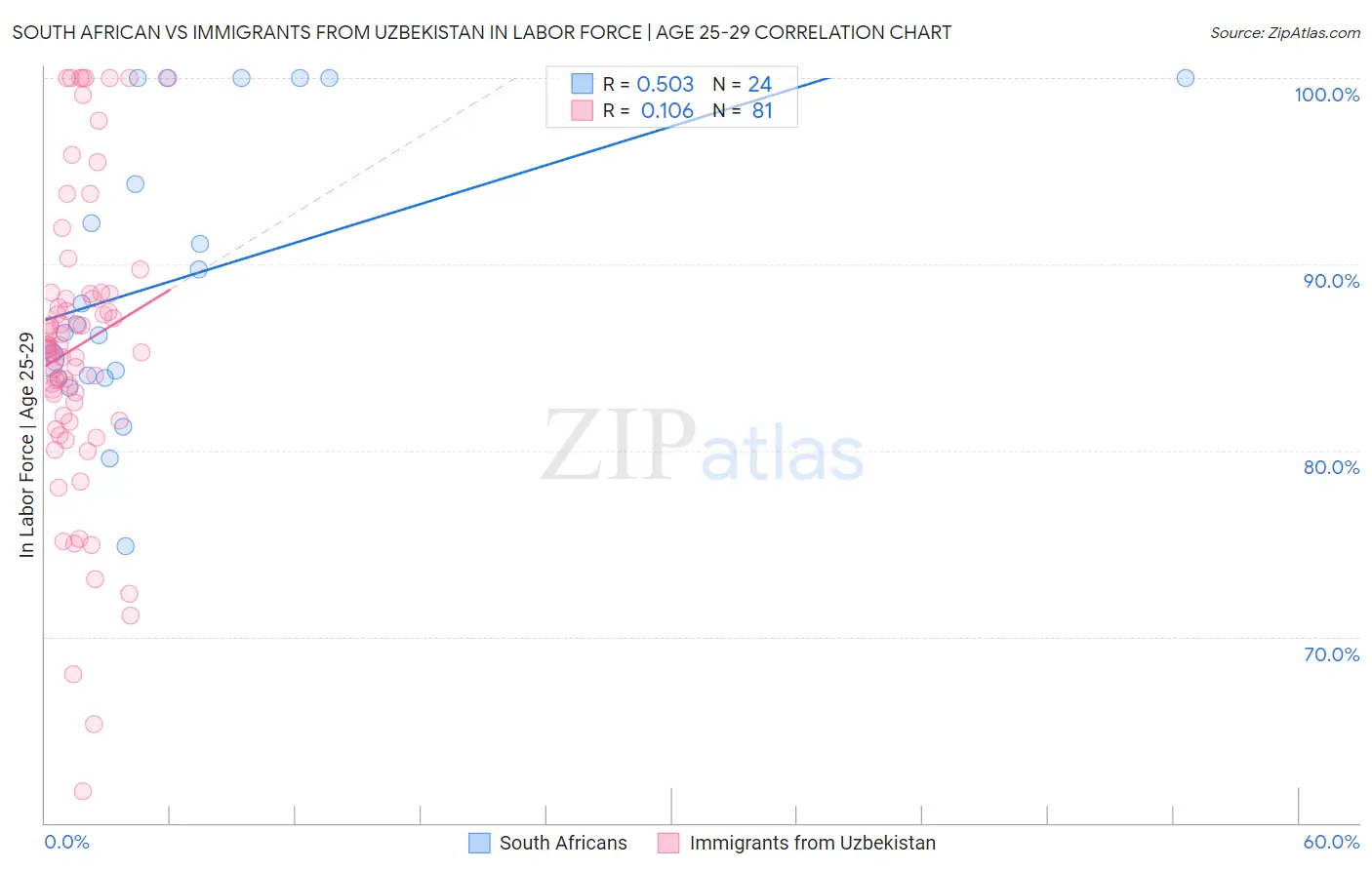 South African vs Immigrants from Uzbekistan In Labor Force | Age 25-29