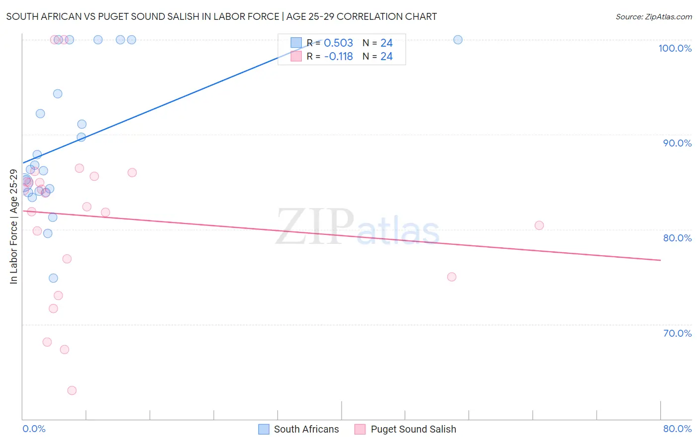 South African vs Puget Sound Salish In Labor Force | Age 25-29