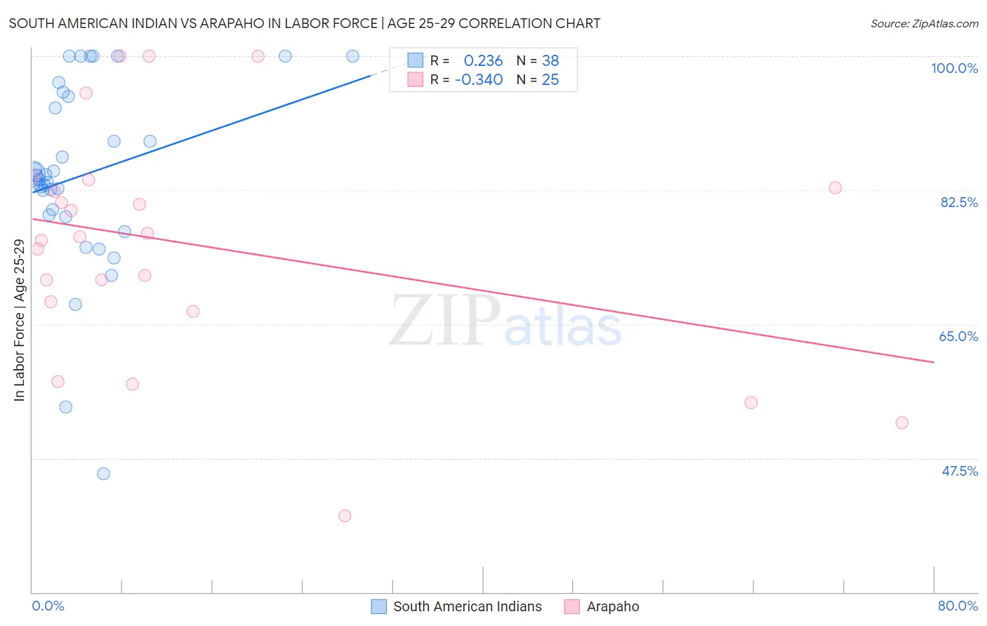 South American Indian vs Arapaho In Labor Force | Age 25-29