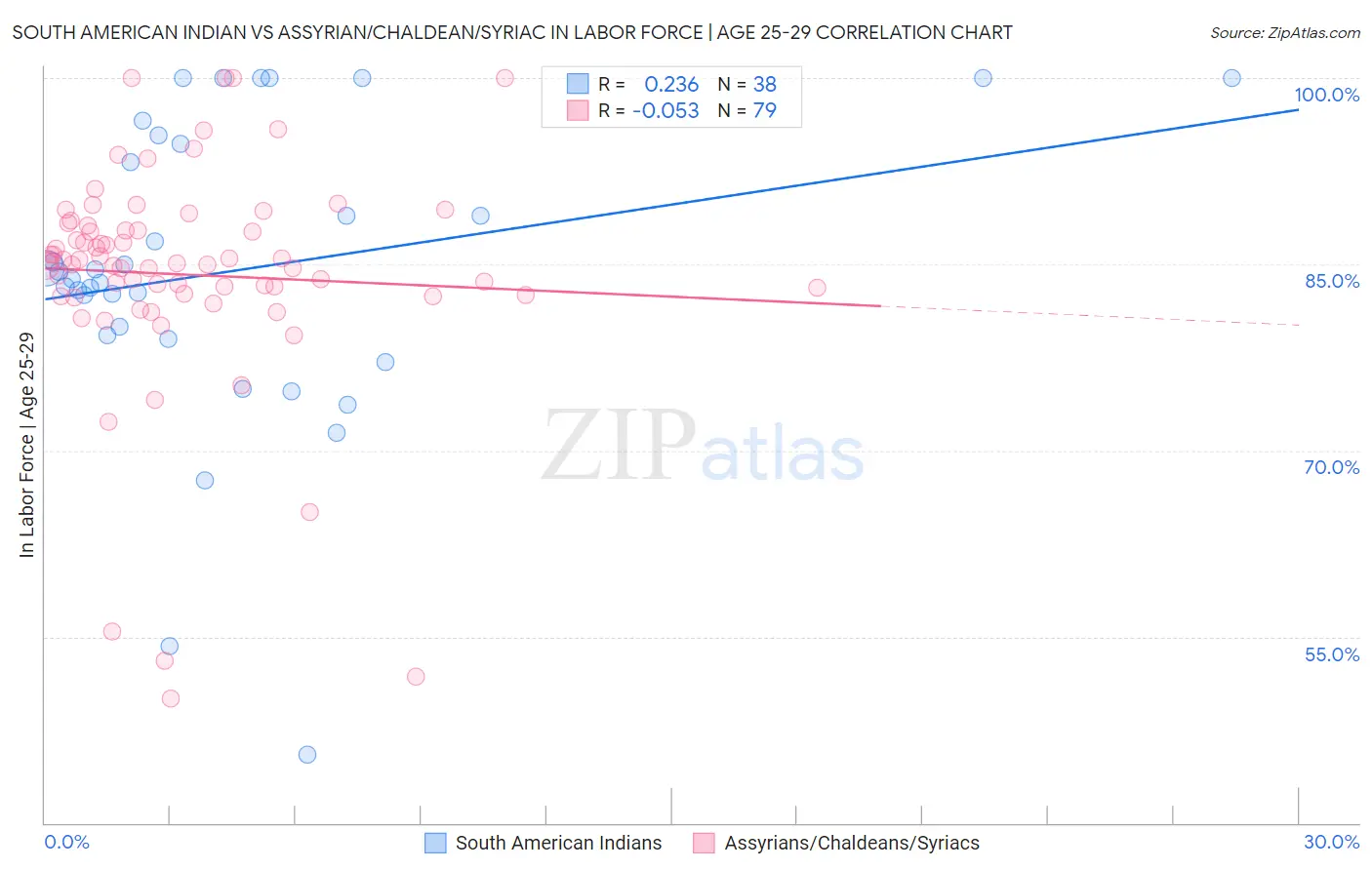 South American Indian vs Assyrian/Chaldean/Syriac In Labor Force | Age 25-29