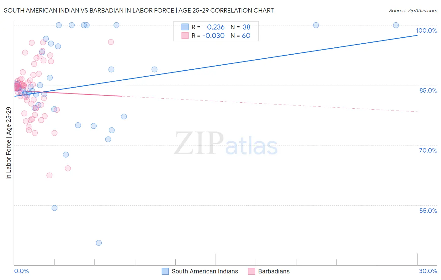 South American Indian vs Barbadian In Labor Force | Age 25-29