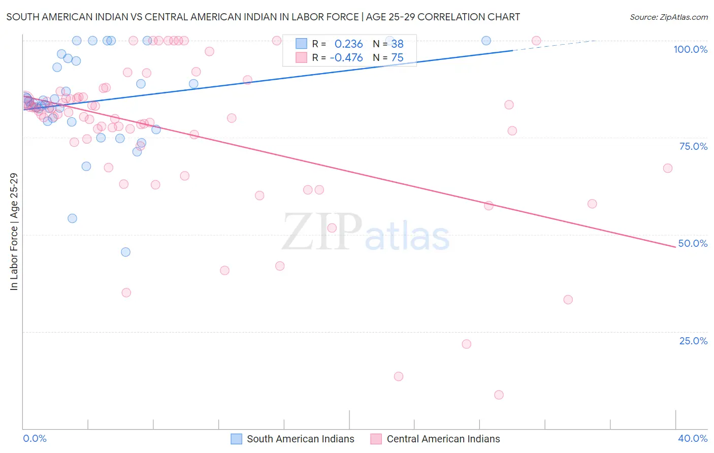 South American Indian vs Central American Indian In Labor Force | Age 25-29