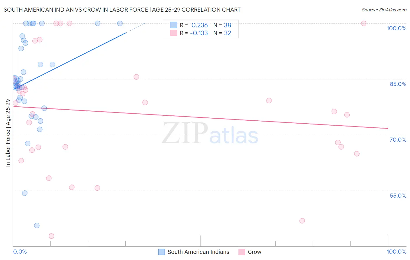South American Indian vs Crow In Labor Force | Age 25-29