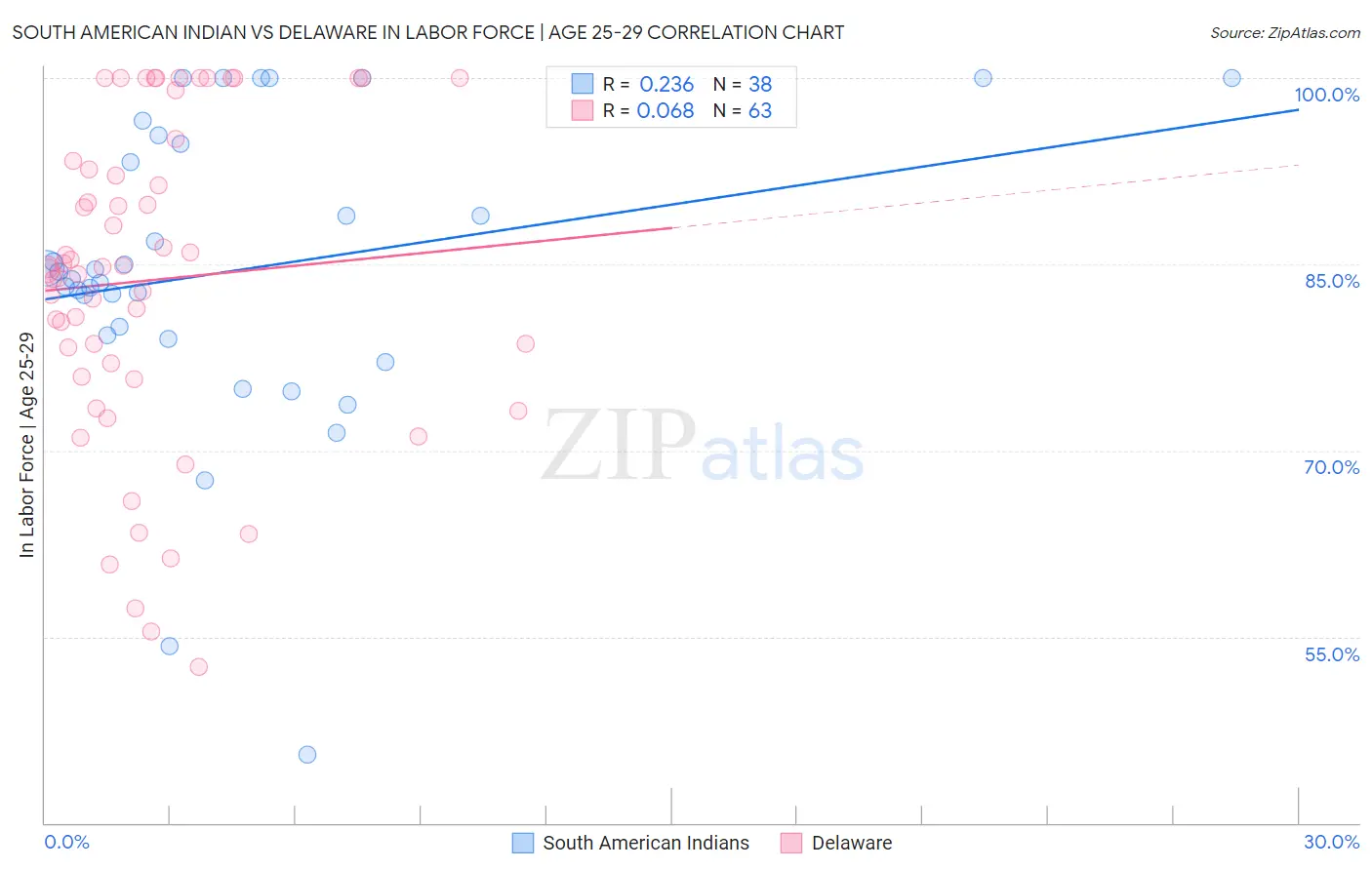 South American Indian vs Delaware In Labor Force | Age 25-29