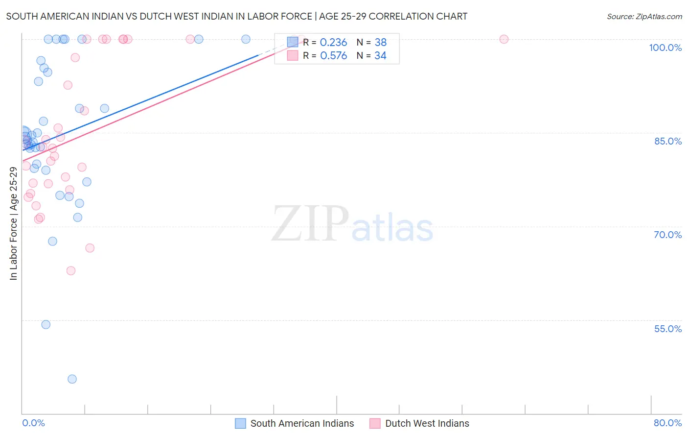 South American Indian vs Dutch West Indian In Labor Force | Age 25-29