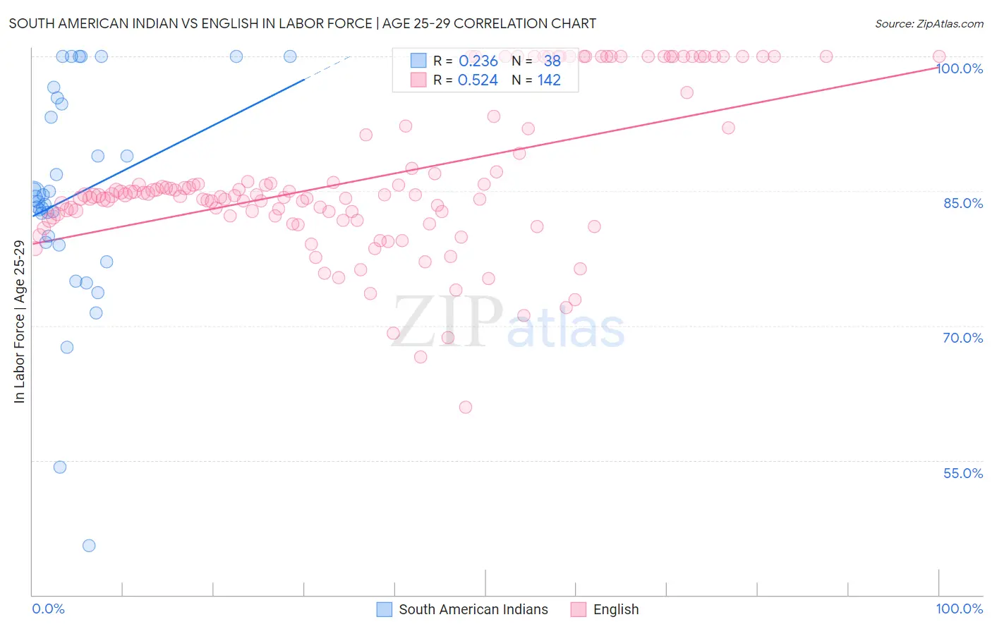 South American Indian vs English In Labor Force | Age 25-29