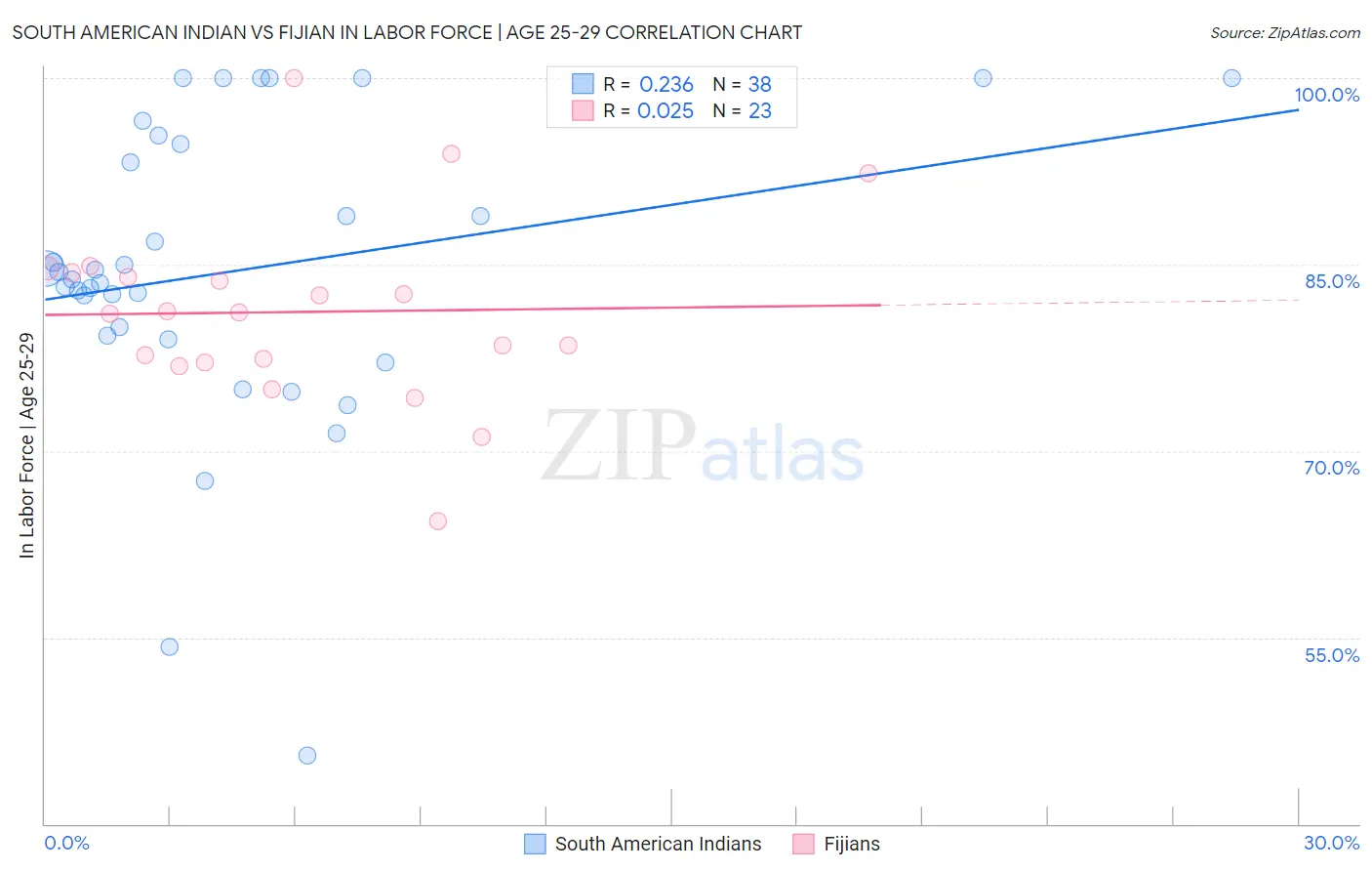 South American Indian vs Fijian In Labor Force | Age 25-29