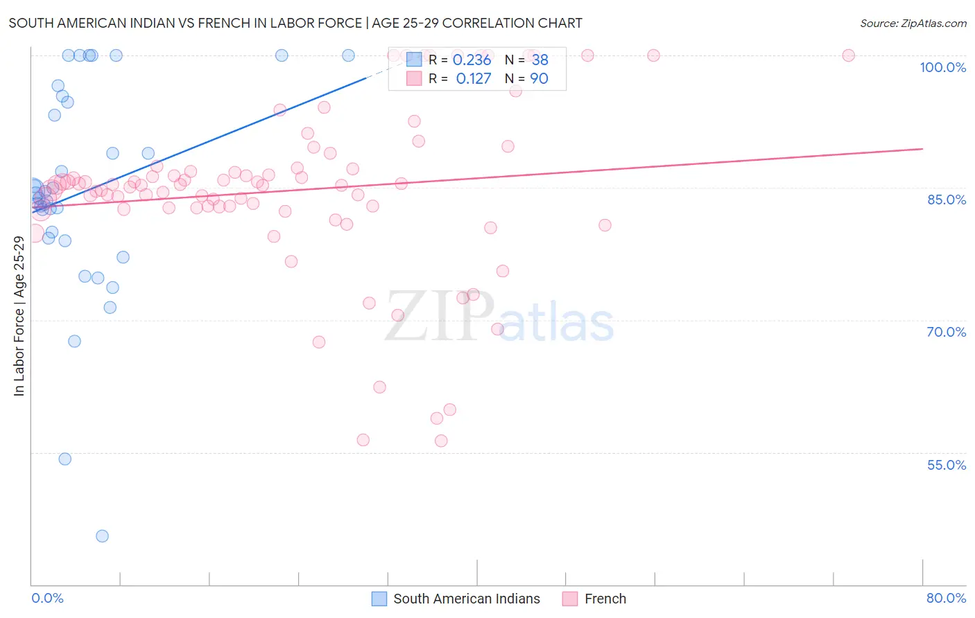 South American Indian vs French In Labor Force | Age 25-29