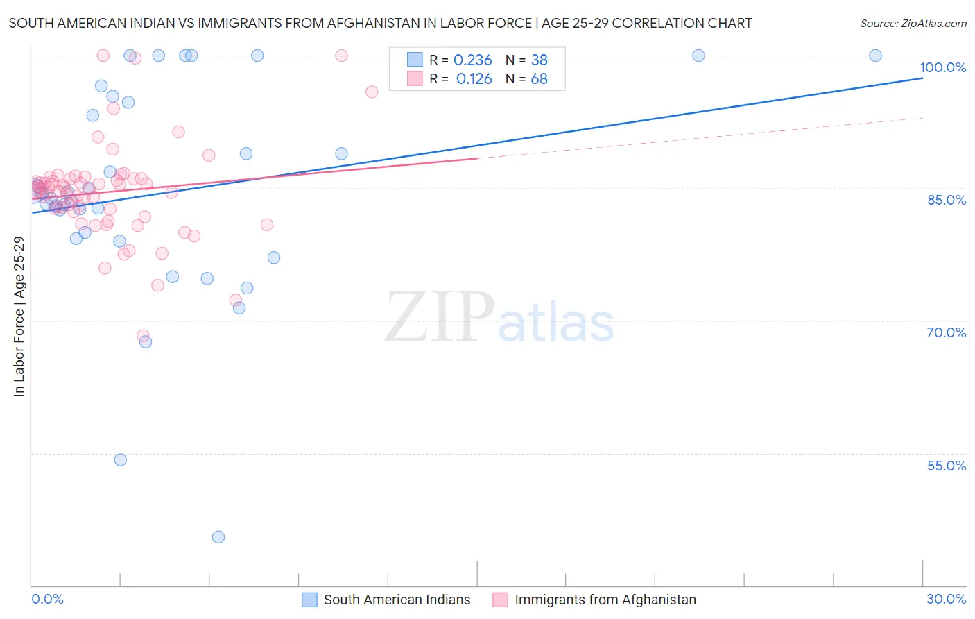 South American Indian vs Immigrants from Afghanistan In Labor Force | Age 25-29